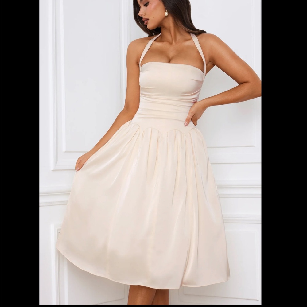 Oh Polly Halterneck Lace-Up Ruched Corset Midi Dress in Ivory